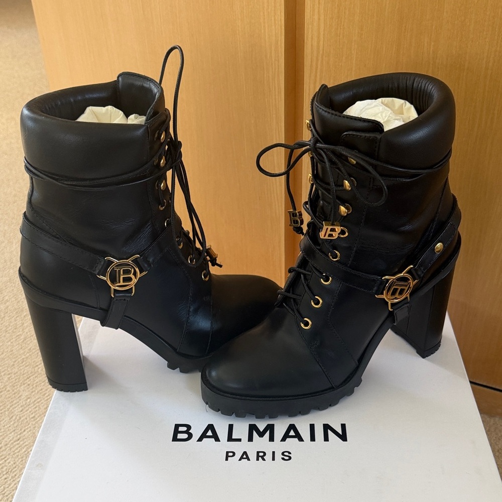 Balmain Black Heeled Boots with Gold Accents - combat style - Picture 4 of 14